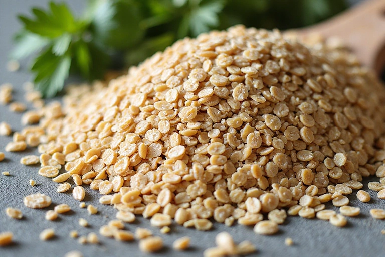 Un primer plano de granos integrales como quinua, arroz integral y avena, con hierbas frescas esparcidas alrededor.