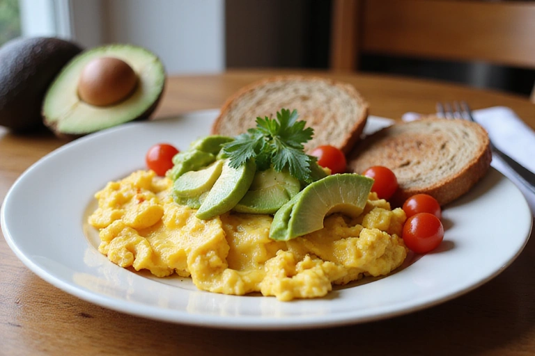 Un plato colorido de huevos revueltos con aguacate, tomates cherry y tostadas integrales en una mesa de desayuno.