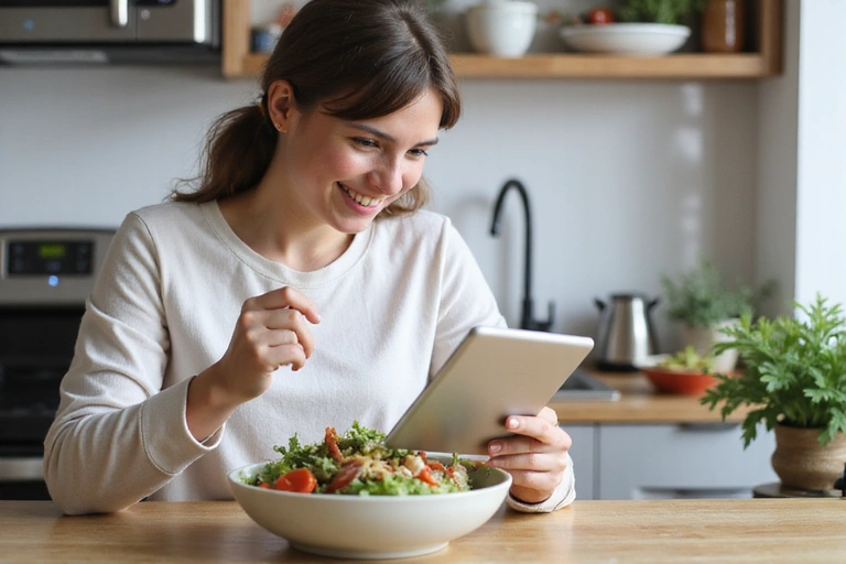 Una mujer sonriente leyendo una tableta mientras disfruta de un tazón de ensalada fresca y colorida en una cocina luminosa.