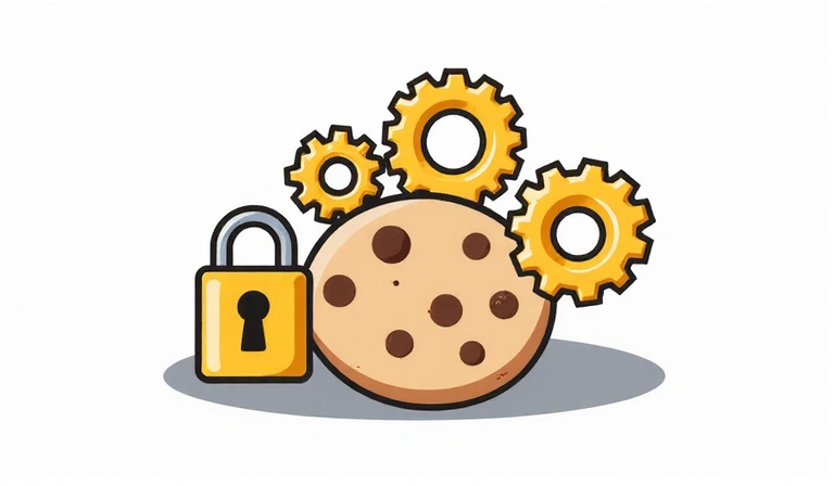 Ilustración de cookies esenciales para la funcionalidad web, mostrando engranajes y un candado.